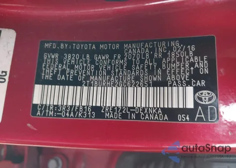 2016 Toyota Corolla Le z USA, uszkodzony, nr VIN 2T1BURHE2GC622651